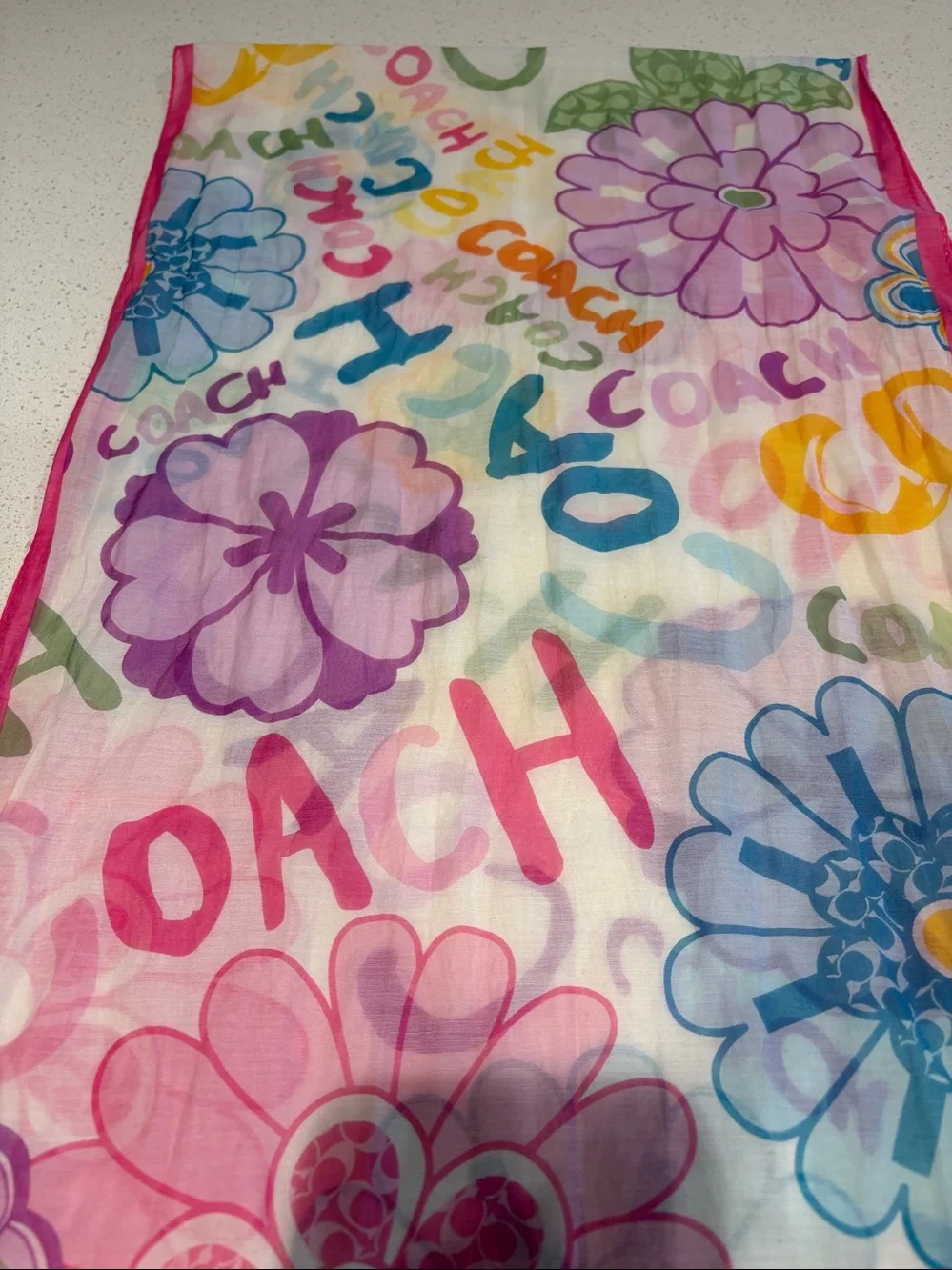 Coach Multicolor Floral Logo Sheer Scarf with Pink Trim